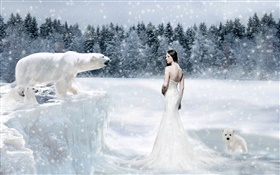 Fantasy girl and polar bears, cold HD wallpaper