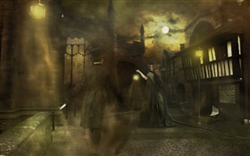 Fantasy girl at night town, street, birds, moon