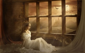 Fantasy girl at window side, moon, night HD wallpaper