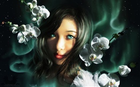 Fantasy girl, blue eyes, orchids HD wallpaper
