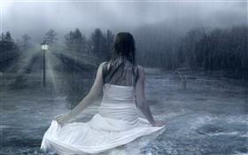 Fantasy girl in the rainy night, water, lamps, trees