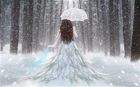 Fantasy girl in the winter forest, snow, umbrella, back view HD wallpaper