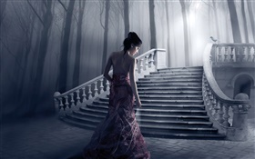 Fantasy girl, night, stairs, trees