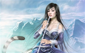 Fantasy girl play flute, tail HD wallpaper