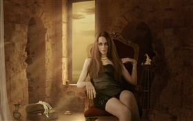 Fantasy girl sit at chair, room, candle, jewelry HD wallpaper
