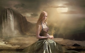 Fantasy girl sit down, magic, moon