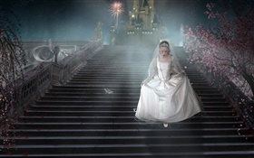 Fantasy girl, white dress, stairs, shoes