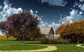 Farms, fields, house, trees, clouds HD wallpaper