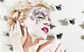 Fashion blonde girl, curly hair, makeup, diamond decoration HD wallpaper
