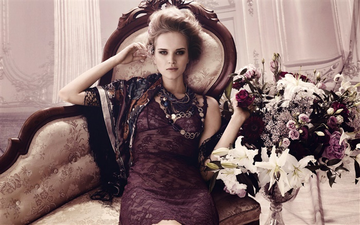 Fashion model girl, chair, flowers Wallpapers Pictures Photos Images