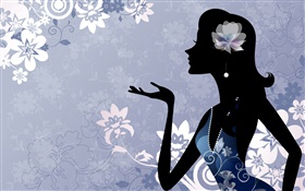 Fashion vector girl, flowers, blue background HD wallpaper