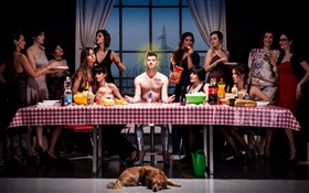 Feast, woman, man, dog, food HD wallpaper