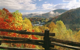 Fence, autumn, trees, house HD wallpaper