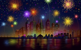 Festival fireworks, city, night, buildings, vector