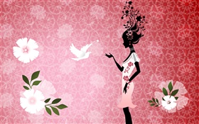 Girl and pigeon, bird, flowers, pink background, vector design pictures HD wallpaper