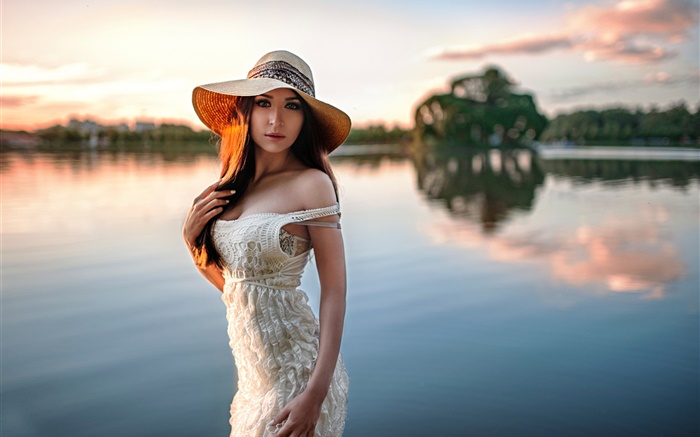 Girl at riverside, hat Wallpapers Pictures Photos Images