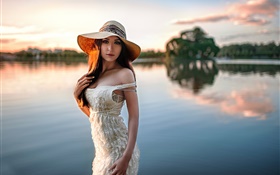 Girl at riverside, hat HD wallpaper
