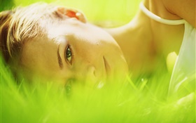 Girl lay in grass, green HD wallpaper