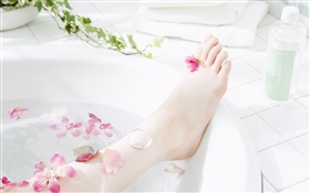 Girl leg, petals, bathtub, SPA theme HD wallpaper