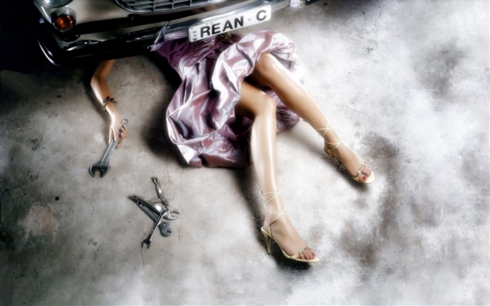 Girl repair car, beautiful legs, creative pictures Wallpapers Pictures Photos Images