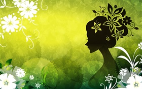 Green background, beautiful vector girl, flowers HD wallpaper