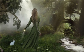 Green dress fantasy girl in the forest, white rabbit HD wallpaper