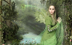 Green dress fantasy girl, wings, fairy