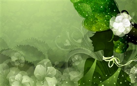 Green style background, vector girl, flowers HD wallpaper