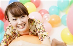 Happy Asian girl, colorful balloons HD wallpaper