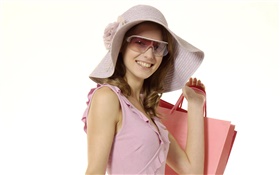 Happy shopping girl, pink dress, hat, sunglass HD wallpaper