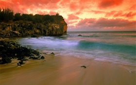Hawaii, USA, beach, coast, sea, red sky, sunset