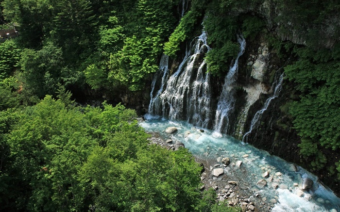 Hokkaido, Japan, waterfalls, creek, cliff, plants Wallpapers Pictures Photos Images