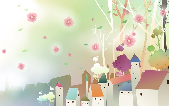 Houses, town, flowers, spring, vector design Wallpapers Pictures Photos Images