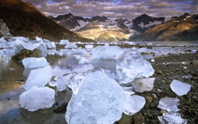 Ice, river, mountain, clouds, dusk
