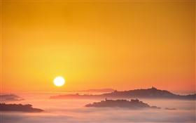 Italy, sunrise, sun, fog, morning, town HD wallpaper