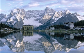 Lake, houses, mountains, water reflection HD wallpaper