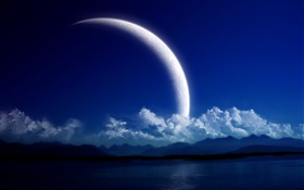 Lake, mountains, clouds, night, planets HD wallpaper
