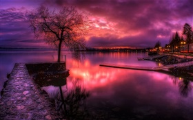 Lake, red sky, sunset, clouds, trees, lamps HD wallpaper