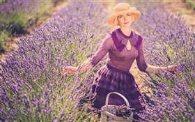 Lavender flowers field, blonde girl, hat, basket