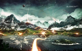 Light roads, sea, mountains, creative design HD wallpaper