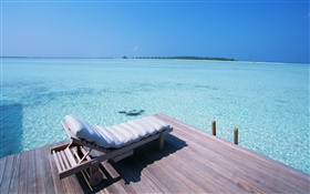 Maldives, dock, chair, sea HD wallpaper