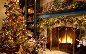 Merry Christmas, balls, decoration, fireplace, lights, warm HD wallpaper