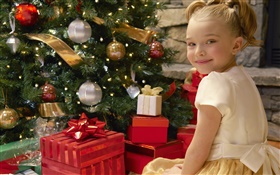 Merry Christmas, smile child girl, gifts