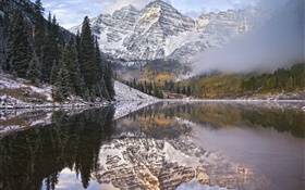 Morning, fog, lake, mountains, water reflection