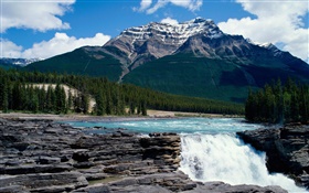 Mountain, clouds, forest, river, waterfalls HD wallpaper