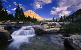 Mountain, rocks, river, trees, clouds HD wallpaper
