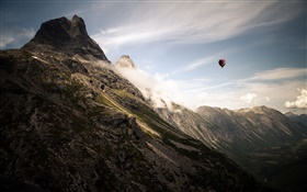 Mountains, clouds, hot air balloon HD wallpaper