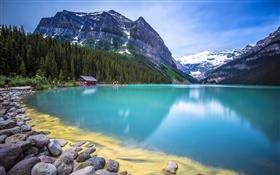 Mountains, trees, lake, house, stones, blue sky HD wallpaper