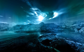 Night landscape, sea, coast, water, moon, clouds, blue style