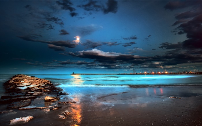 Night, lights, moon, clouds, sea, pier Wallpapers Pictures Photos Images